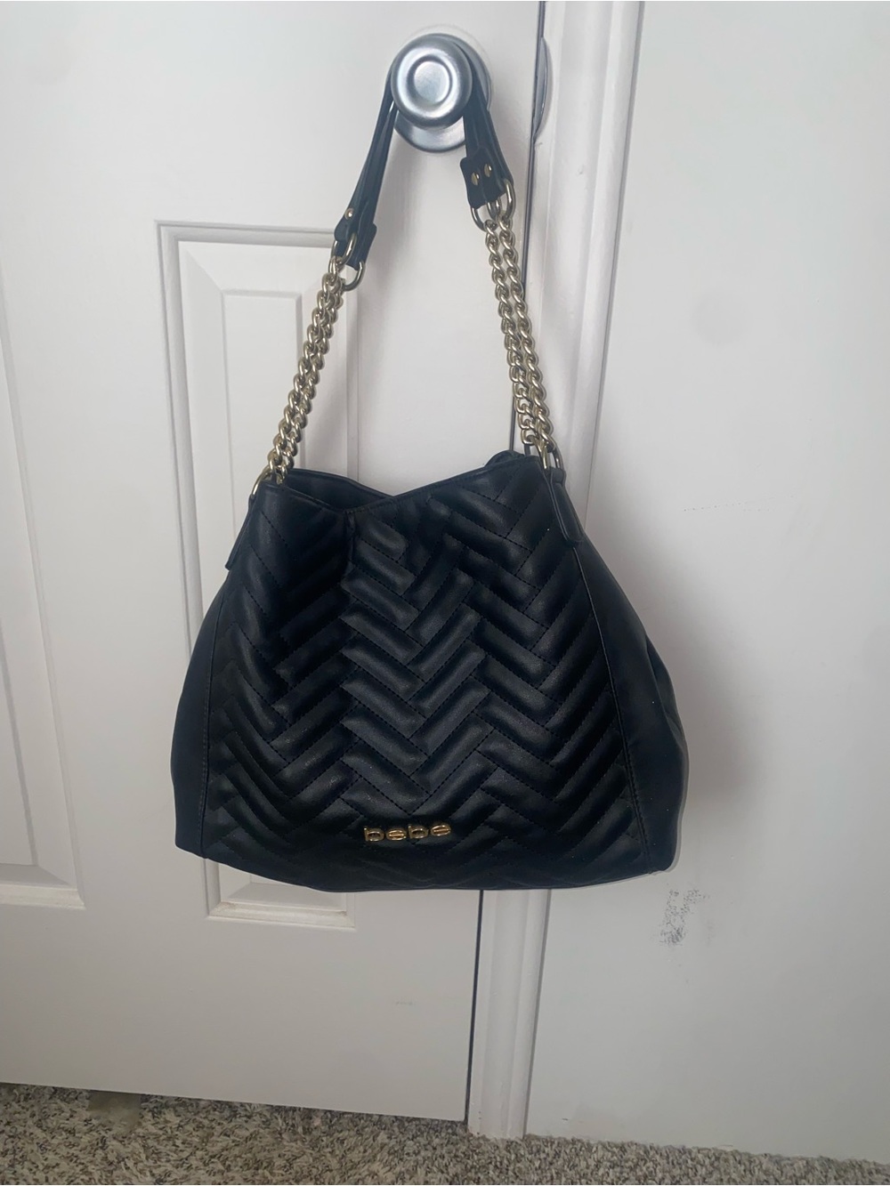 bebe Black Quilted Shoulder Bag with Gold Chain Handles
